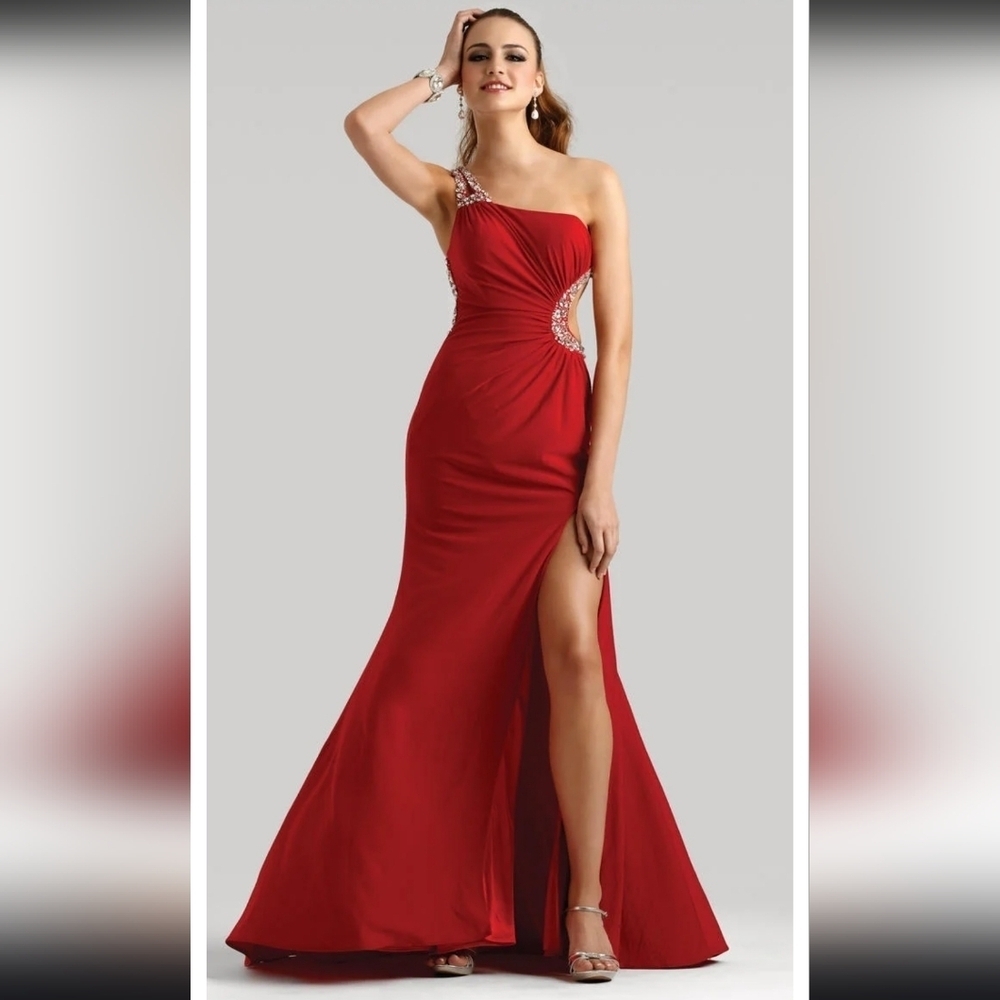 GIGI Red Floor length Backless Studded Open Front Prom Gown 4